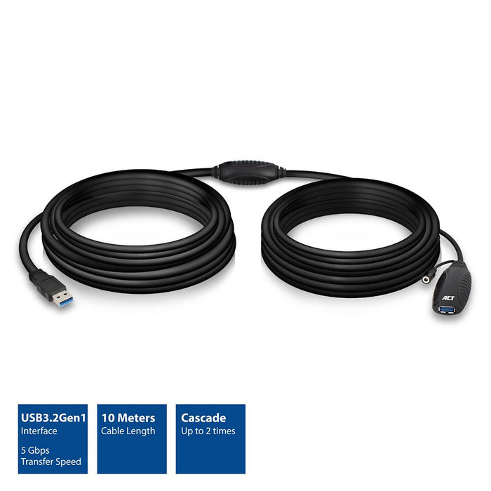 Cable ACT AC6110, USB-A male - female, 10 m