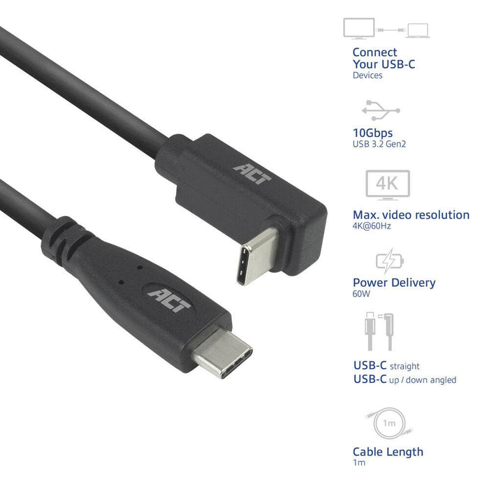 ACT Cable USB-C - USB-C, 10Gbps, 60W, 1 m, connectors - 1 x straight and 1 x 90° up/down angled