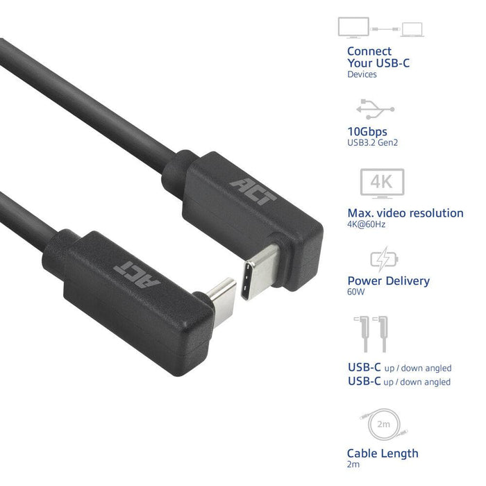 ACT Cable USB-C - USB-C, 2m, 10Gbps 60W, angled up/down