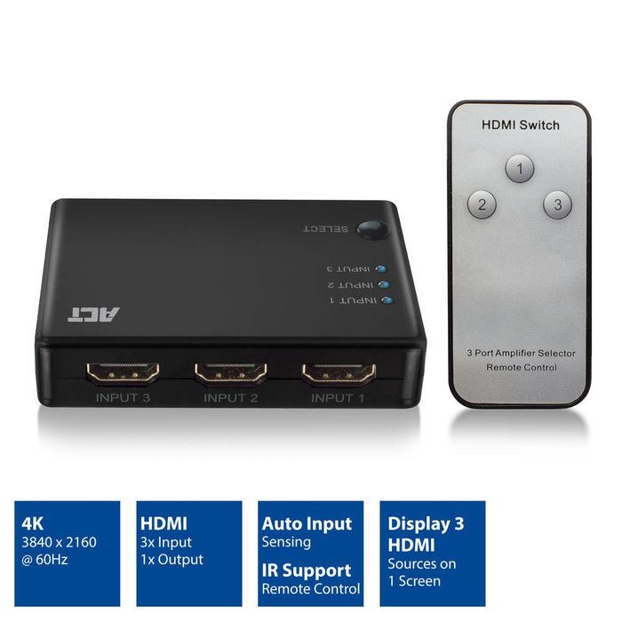 3 port HDMI switch ACT , 4K@60Hz, USB, Remote, Black