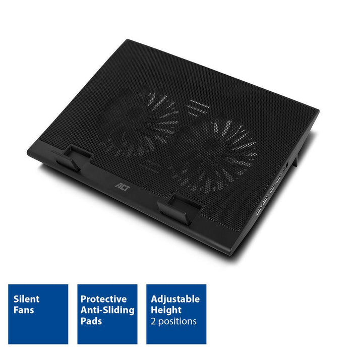 ACT Laptop Cooler, Up to 17", With Two Fans, USB Hub, Black