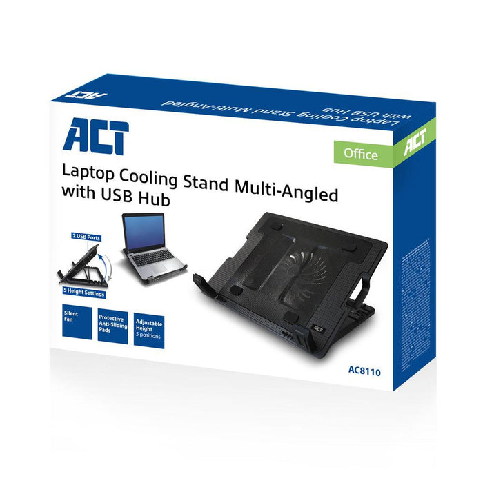 ACT Laptop Cooler, Up to 17", Single Fan, 2 x USB Hub, Black