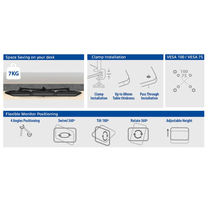 Stand for 3 monitors ACT AC8303, For desk, Adjustable, 27", 21 kg, Black