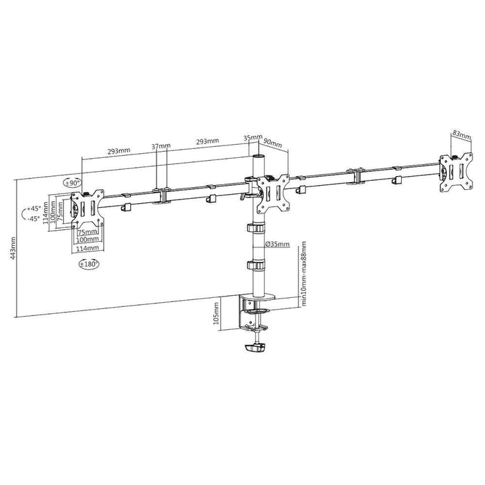 Stand for 3 monitors ACT AC8303, For desk, Adjustable, 27", 21 kg, Black