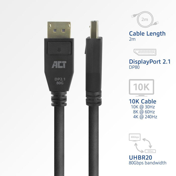 ACT Cable Display port 2.1 male-male, 8K@60Hz, 4k@240Hz, 2m, black