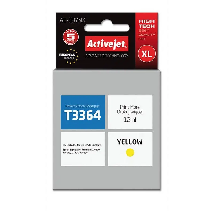 Activejet AE-33YNX Ink Cartridge (replacement for Epson 33XL T3364; Supreme; 12 ml; yellow) - For Epson printers