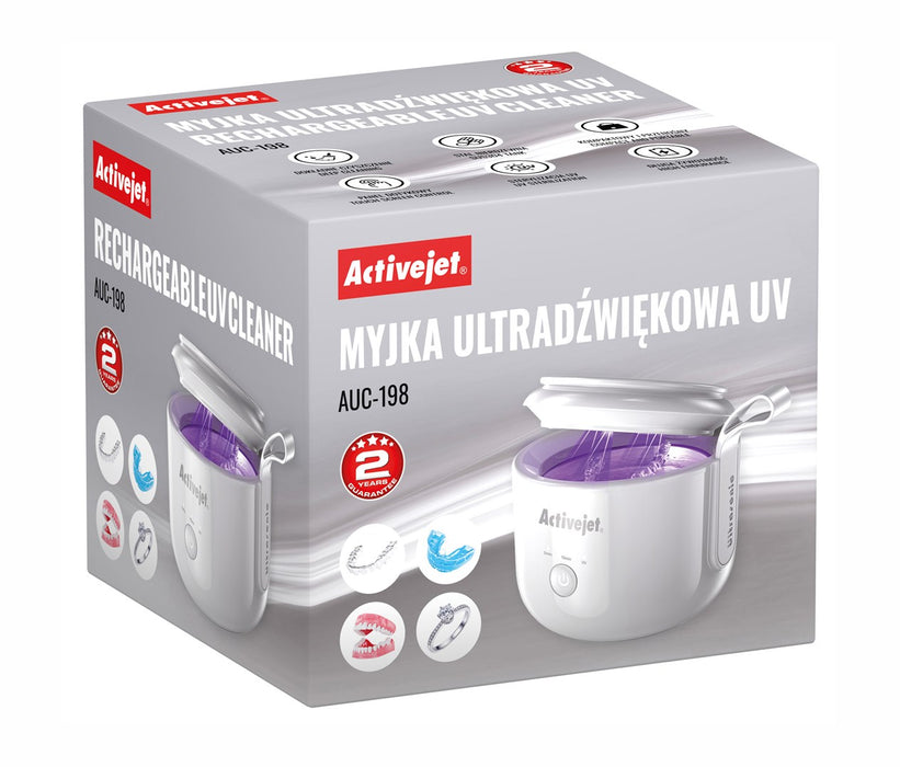 Activejet AUC-198 cordless ultrasonic UV cleaner. For dentures, braces, and jewelry, white.