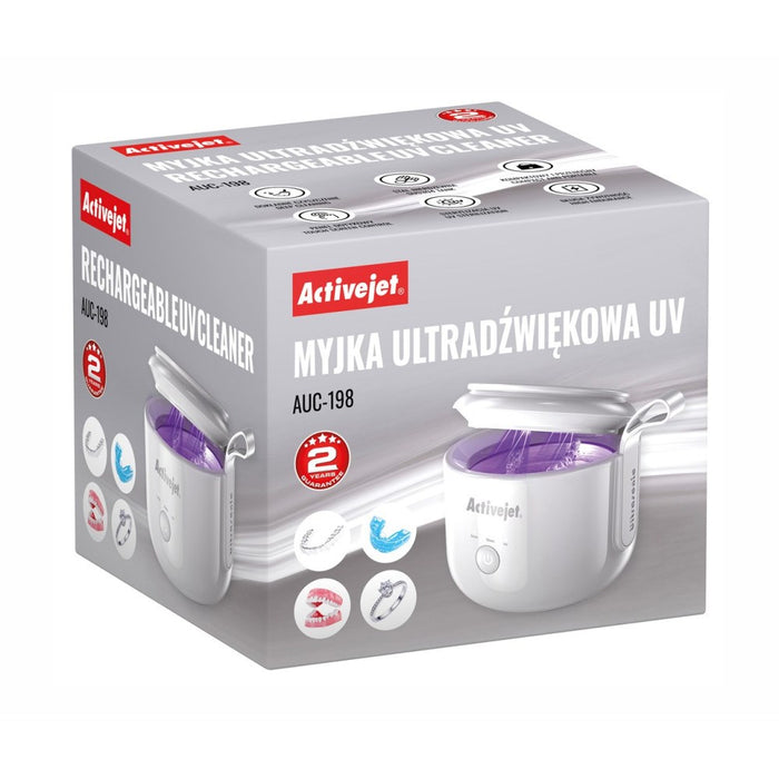 Activejet AUC-198 cordless ultrasonic UV cleaner. For dentures, braces, and jewelry, white.