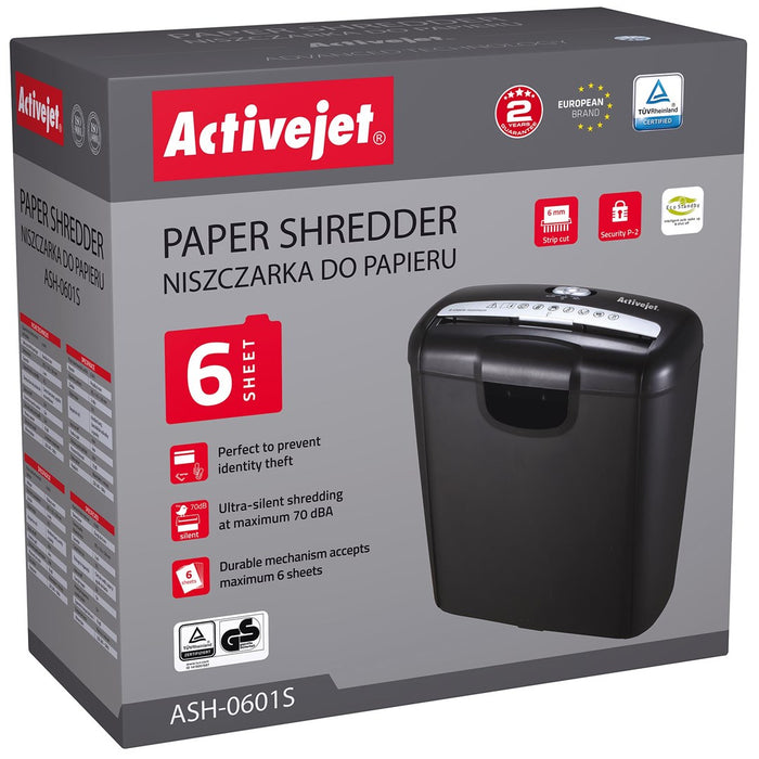 Activejet ASH-0601S shredder, P-2, 10 l, 6 mm strip, 6 sheets, black.