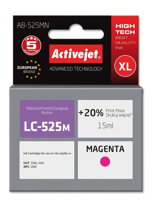 Activejet AB-525MN ink (replacement for Brother LC525M; Supreme; 15 ml; magenta). Prints 20% more than OEM.