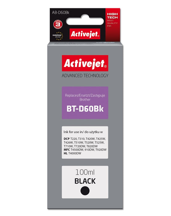 Activejet AB-D60Bk Ink Bottle (Replacement, Brother BT-D60Bk; Supreme; 100 ml; Black)