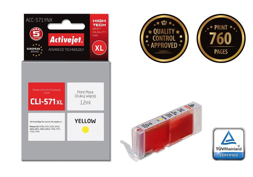 Activejet ACC-571YNX Ink (replacement for Canon CLI-571XLY; Supreme; 12 ml; yellow)
