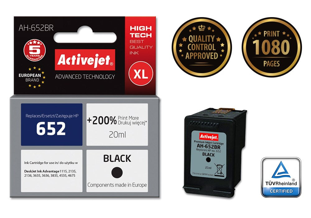 Activejet AH-652BR ink (replacement for HP 652 F6V25AE; Premium; 20 ml; black)
