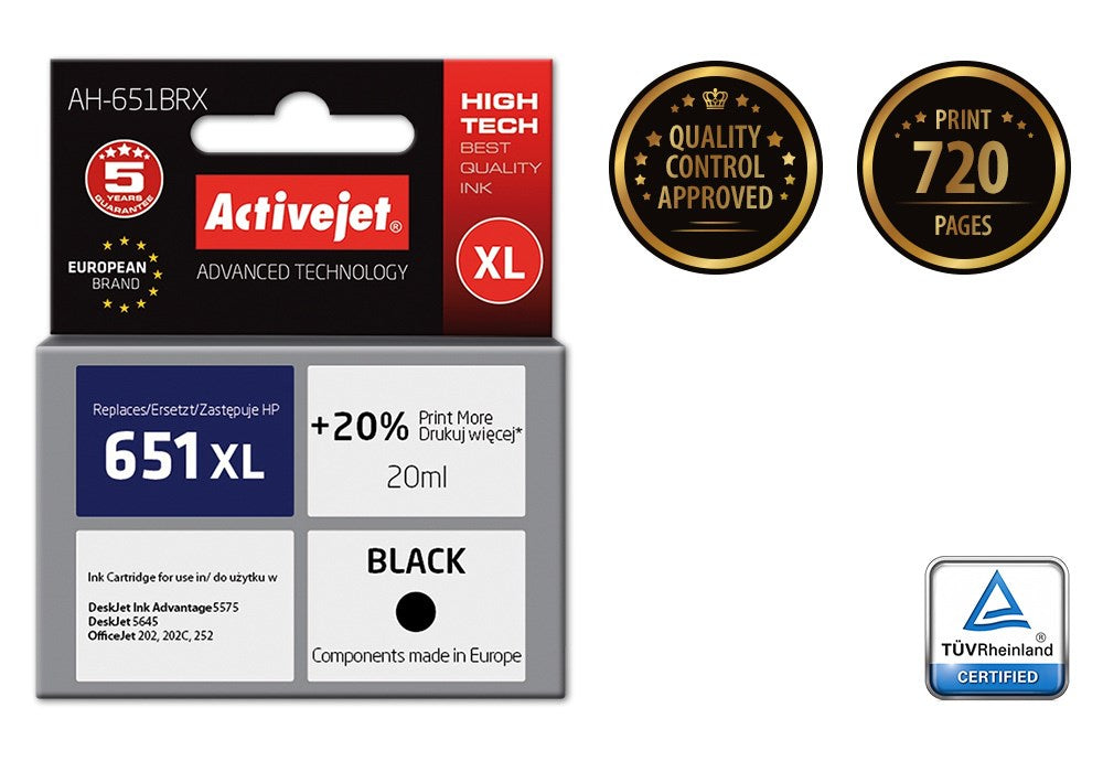 Activejet AH-651BRX Ink (replacement for HP 651 C2P10AE; Premium; 20 ml; black)