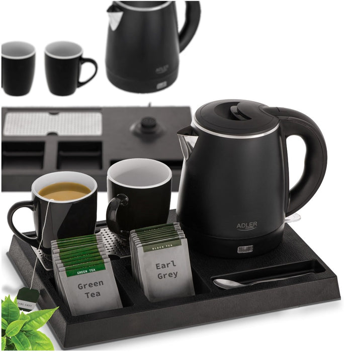 Adler AD 1387 Hotel kettle stainless steel 1 L + tray with cups black