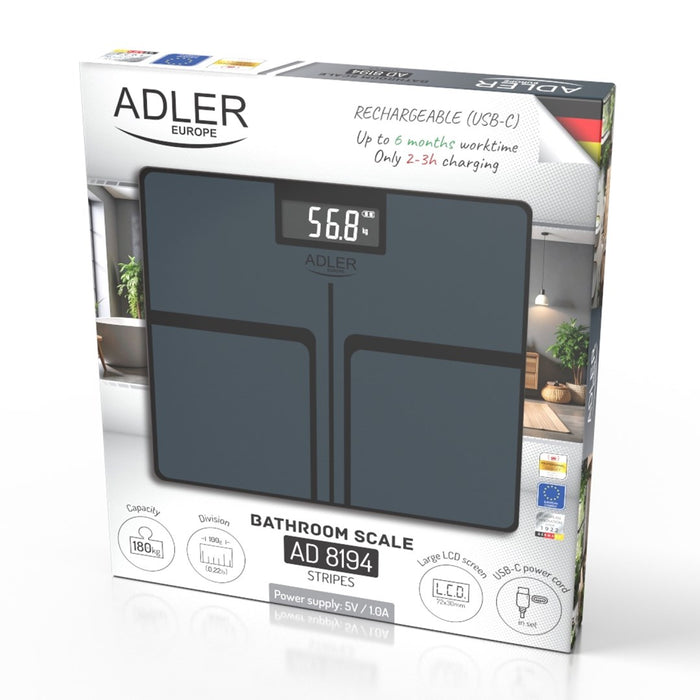 Bathroom scale ADLER AD 8194s STRIPES rechargeable USB-C Black