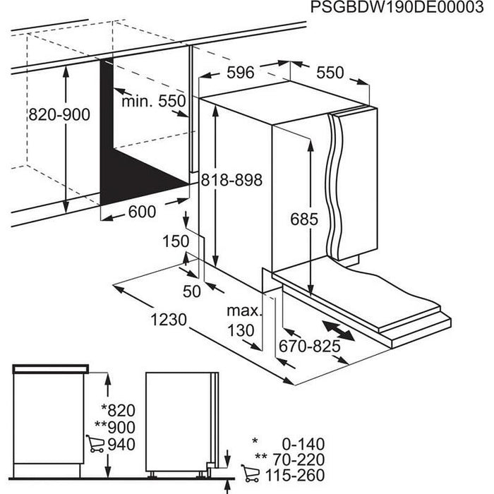 Built-in dishwasher AEG FSE74707P***, 15 place settings, 600 W, mm, C