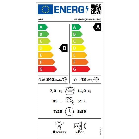 Washing machine with dryer AEG LWR85066QE, 11/7 kg, AutoDose, Wi-Fi, 1600 rpm