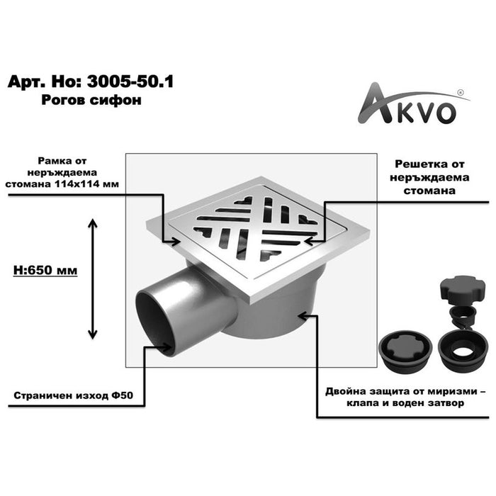 FLOOR SIPHON HORN 114X114 SIDE OUTLET AKVO 3005-50.1