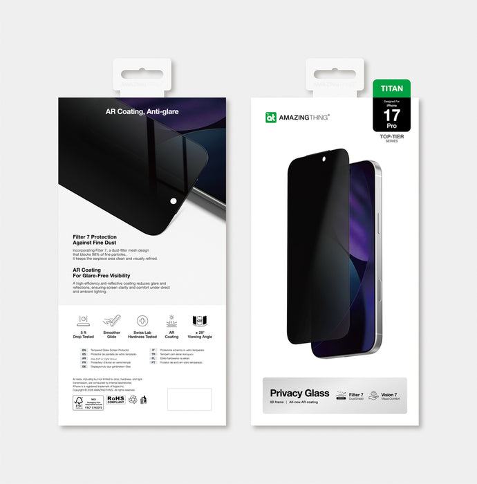 AmazingThing Titan Vision 7 Tempered Glass for iPhone 17 Pro Privacy