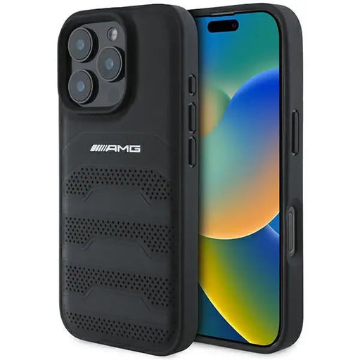 AMG Leather Debossed Lines Black Logo iPhone 16 Pro Max Case - Black - Cell phone cases and covers<<<HurtelXML