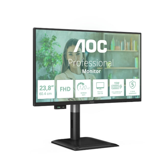 AOC 24P4U, 23.8" IPS WLED, 1920x1080@120Hz, 4ms GtG, 300cd m/2, 1500:1, 20M:1, Adaptive Sync, Anti Blue Light, FlickerFree, 2Wx2, Tilt, Height Adjust, Pivot, Swivel, D-SUB, HDMI, DP, USB hub