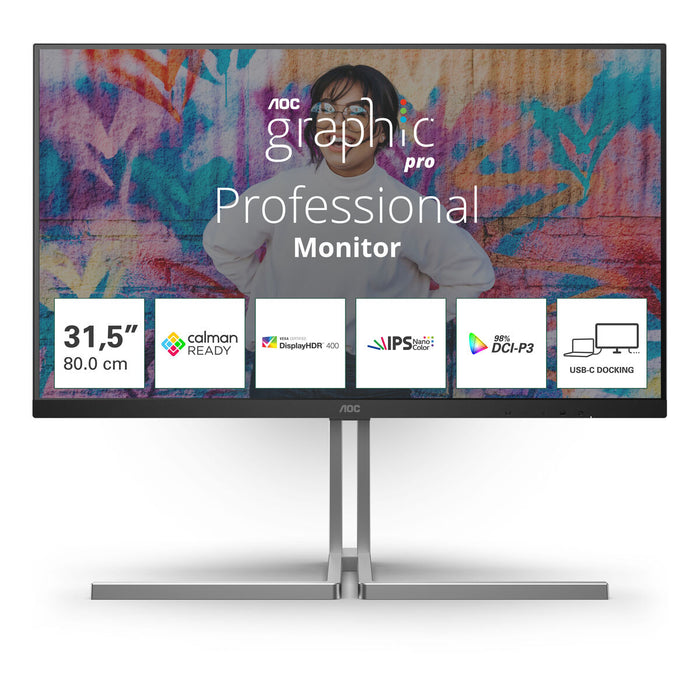 AOC U32U3CV, 31.5" Nano IPS WLED, 3840x2160@60Hz, 4ms GtG, 400cd m/2, 1000:1, 50M:1 DCR, Adaptive Sync, FlickerFree, Anti Blue Light, 3Wx2, Tilt, Height Adjust, Pivot, Swivel, 2xHDMI, DP, USB hub