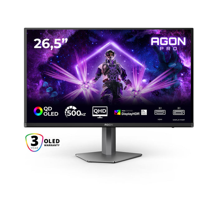 AOC AG276QKD2, 26.5" QD-OLED, 2560x1440@500Hz, 0.03ms GtG, 1000cd m/2, 1.5M:1, 80M:1 DCR, Adaptive Sync, Low Blue Light, FlickerFree, 5Wx2, Tilt, Height Adjust, Pivot, Swivel, 2xHDMI, DP, USB hub