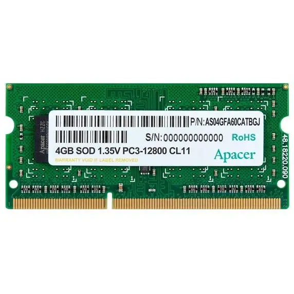Apacer 4GB Notebook Memory - DDR3 SODIMM 512x 8 Low Voltage 1.35V PC12800 @ 1600MHz - Памети за преносими