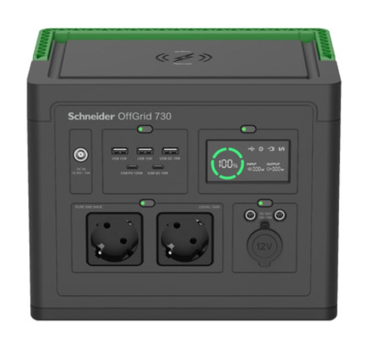 Schneider OffGrid Portable Power Station 730, 738Wh Lithium-ion, 2 Schuko, Sinewave + Schneider OffGrid Portable Solar Panel, 100W