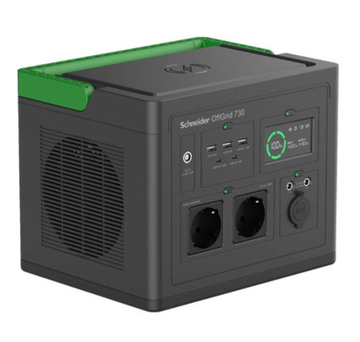 Schneider OffGrid Portable Power Station 730, 738Wh Lithium-ion, 2 Schuko, Sinewave + Schneider OffGrid Portable Solar Panel, 100W
