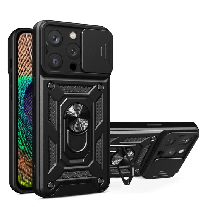 Armor Camshield Case with Stand and Camera Cover for iPhone 15 Pro Max Hybrid Armor Camshield - Black - Cell phone