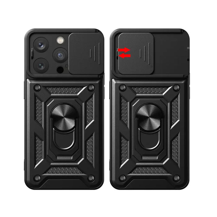 Armor Camshield Case with Stand and Camera Cover for iPhone 15 Pro Max Hybrid Armor Camshield - Black - Cell phone