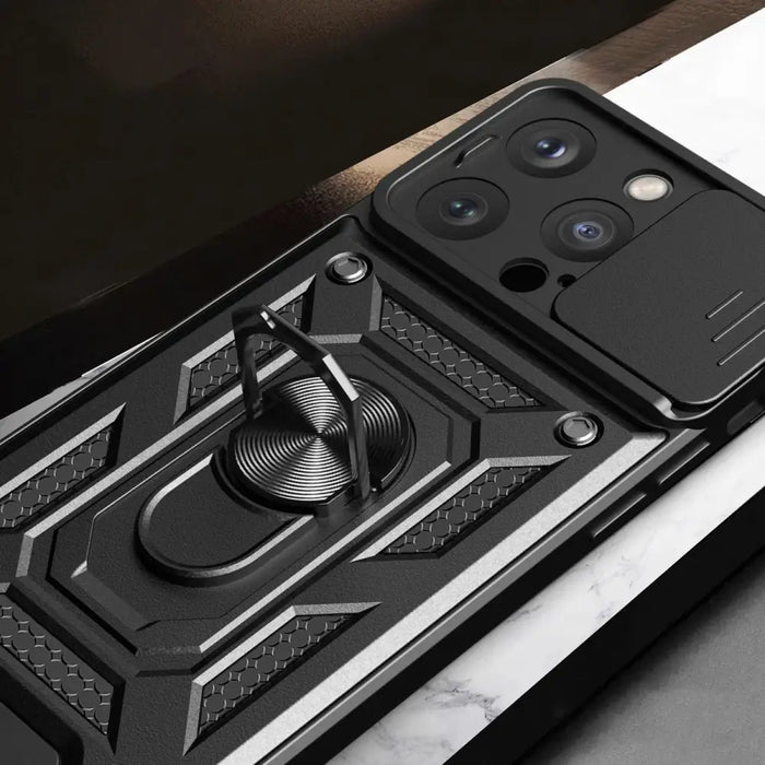 Armor Camshield Case with Stand and Camera Cover for iPhone 15 Pro Max Hybrid Armor Camshield - Black - Cell phone