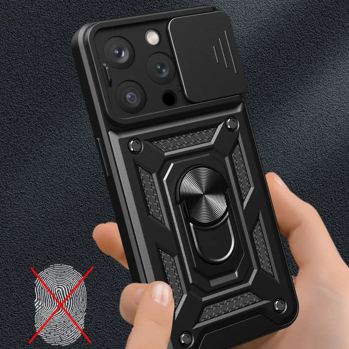 Armor Camshield Case with Stand and Camera Cover for iPhone 15 Pro Max Hybrid Armor Camshield - Black - Cell phone