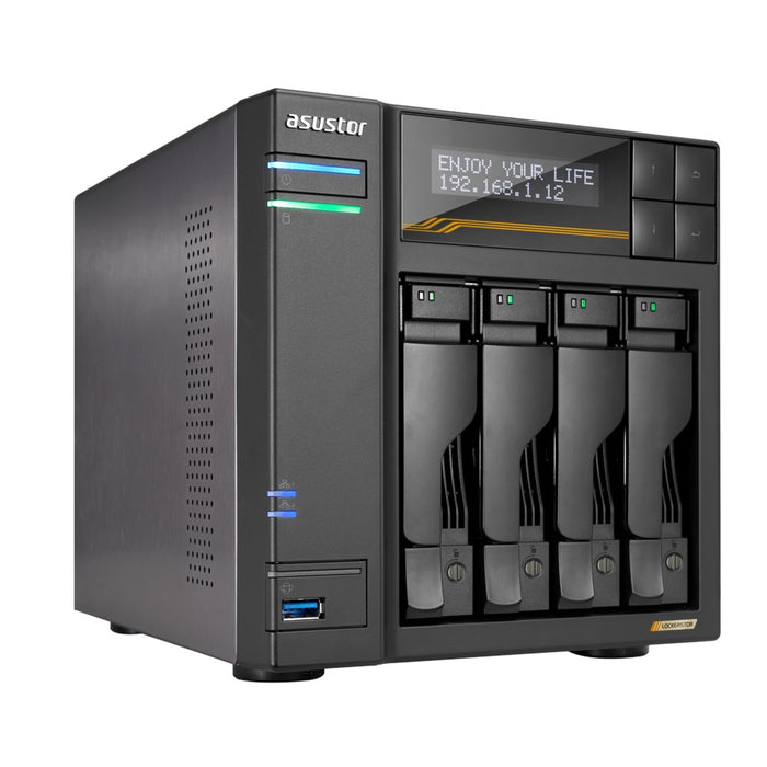 NAS Asustor AS6804T; Tower; 4x (3.5" SATA HDD/ 2.5" SSD); AMD Ryzen Embedded V3C14; 16G ECC DDR5 SODIMM (max. 64GB), 2x 10GbE, 2x 5GbE, 4x M.2 2280 NVMe PCIe 4.0, 2x USB4, 2x USB 3.2 Gen, 1x optional 10 GbE card