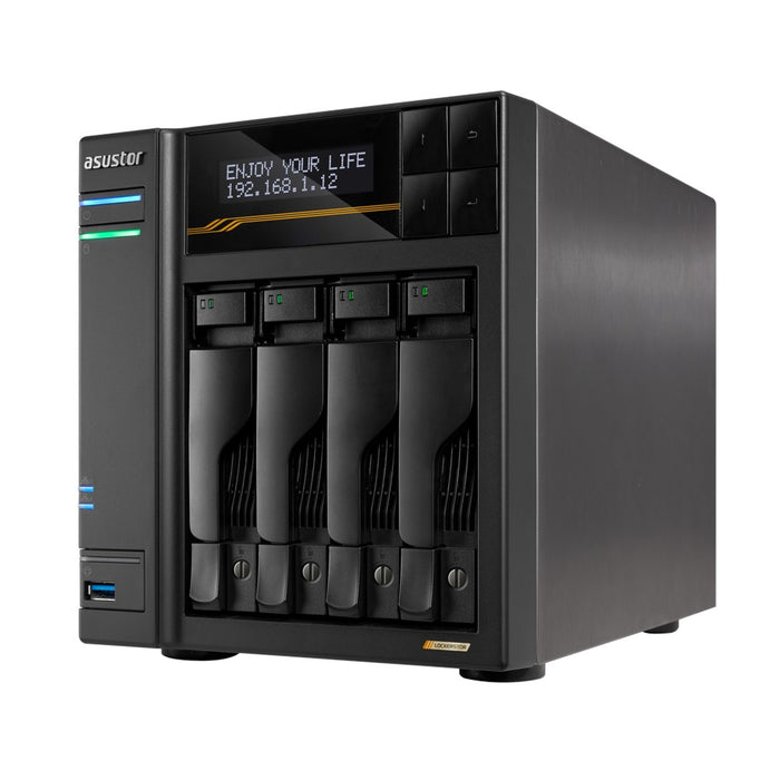 NAS Asustor AS6804T; Tower; 4x (3.5" SATA HDD/ 2.5" SSD); AMD Ryzen Embedded V3C14; 16G ECC DDR5 SODIMM (max. 64GB), 2x 10GbE, 2x 5GbE, 4x M.2 2280 NVMe PCIe 4.0, 2x USB4, 2x USB 3.2 Gen, 1x optional 10 GbE card