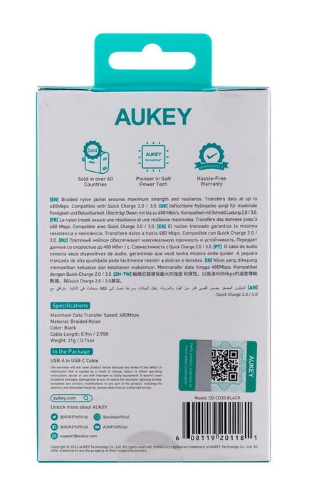 AUKEY CB-CD30 USB cable 0.9 m USB A USB C Black