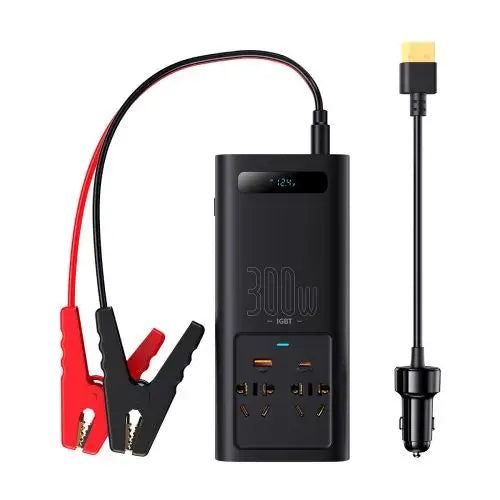 Baseus Car Power Inverter IGBT 300W/ 220V (C + U + Dual EU plug) with 12V clamp cables (0.40m) and Cigarette Lighter