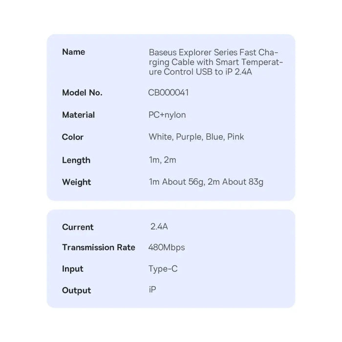 Baseus Explorer Series cable USB - Lightning 2.4A 2 m white (CATS010102) - Cell phone cables<<<HurtelXML