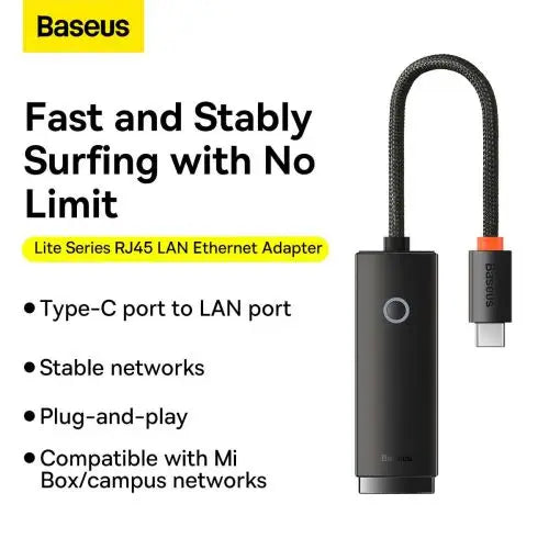 Baseus Lite Series USB-C to RJ45 network adapter 100Mbps (black) - HUB<<<Accessories<<<Основна<<<DunaXML&&&Adapters