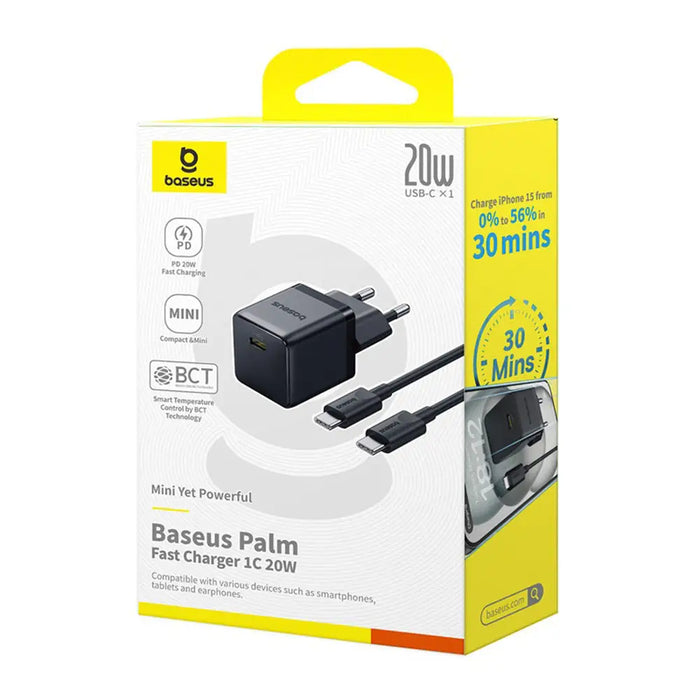 Baseus Palm 1C 20W Wall Charger (with Baseus Mini White USB-C 60W (20V/3A) 1m Cable) - Black - Cell phone USB