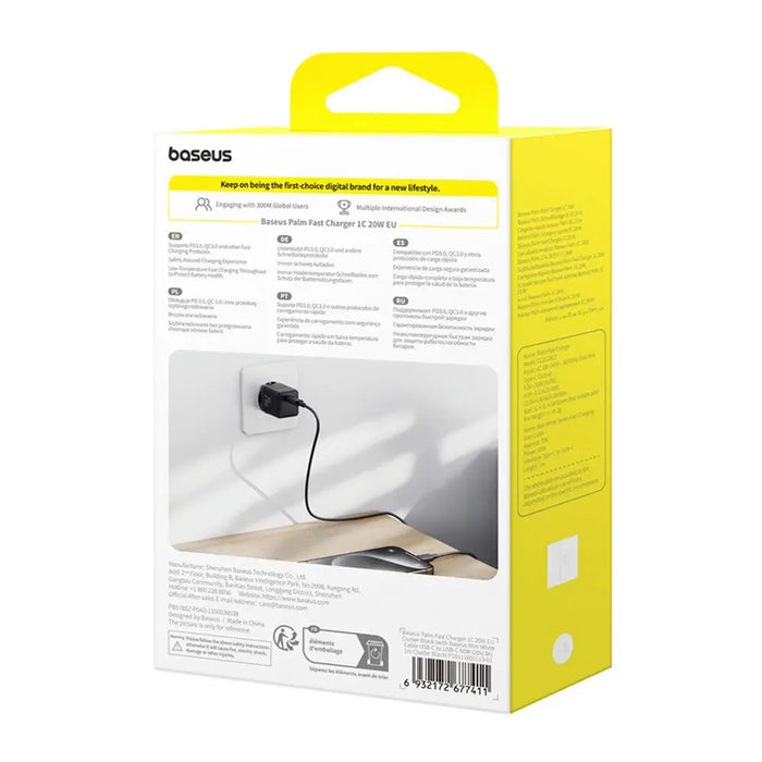 Baseus Palm 1C 20W Wall Charger (with Baseus Mini White USB-C 60W (20V/3A) 1m Cable) - Black - Cell phone USB