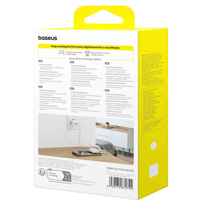 Baseus Palm 20W USB-C USB-A Wall Charger - White - Cell phone USB charger<<<HurtelXML