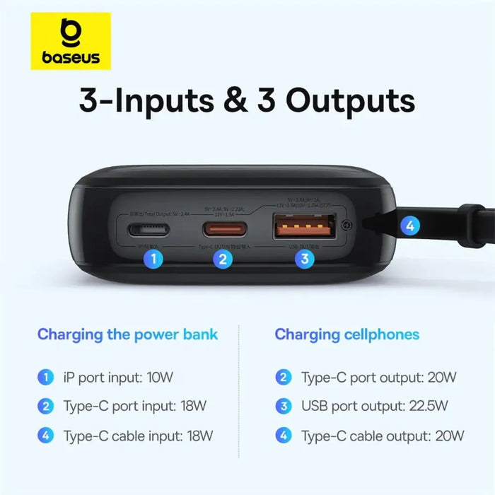Baseus Qpow Pro+ 10000mAh 22.5W powerbank with built-in USB-C cable and display - black - Powerbanks<<<HurtelXML