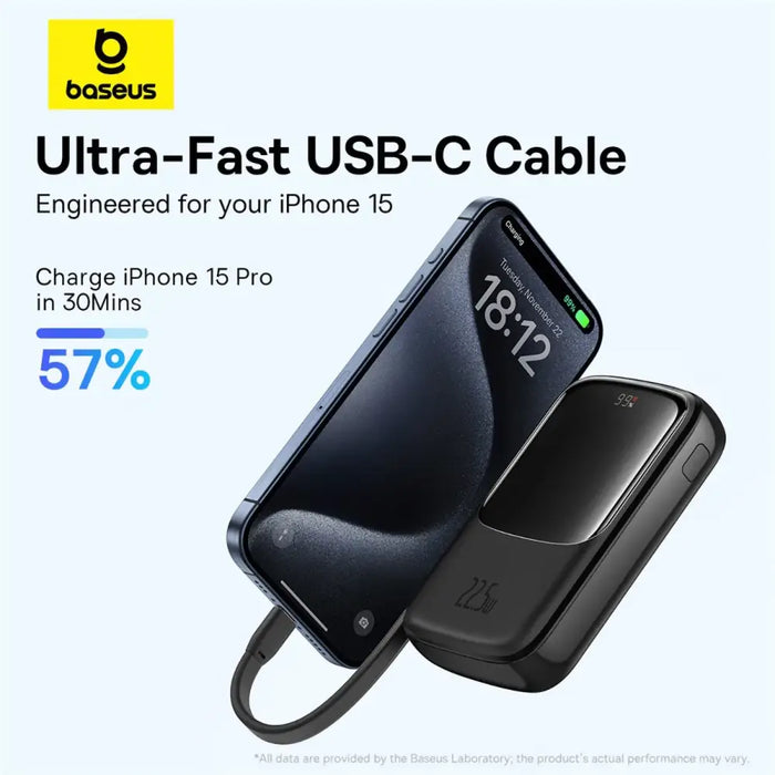 Baseus Qpow Pro+ 10000mAh 22.5W powerbank with built-in USB-C cable and display - black - Powerbanks<<<HurtelXML