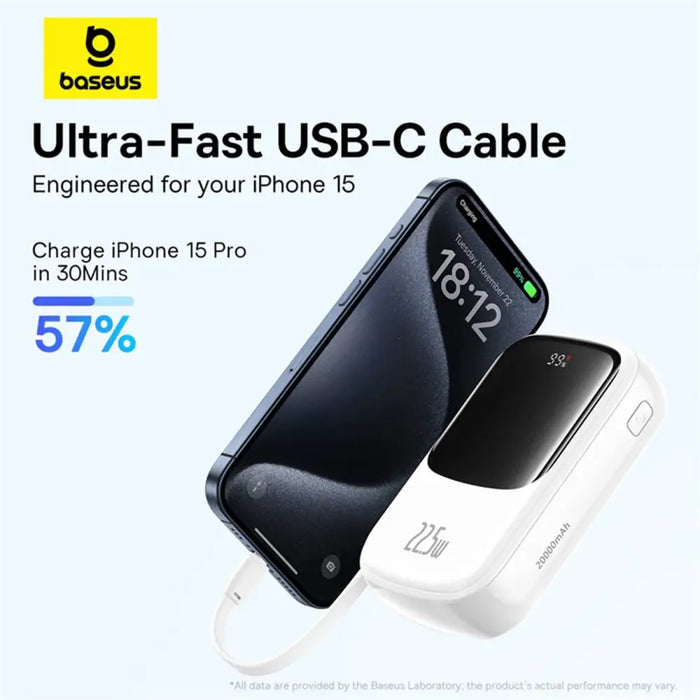Baseus Qpow Pro+ 20000mAh 22.5W powerbank with built-in USB-C cable and display - white - Powerbanks<<<HurtelXML