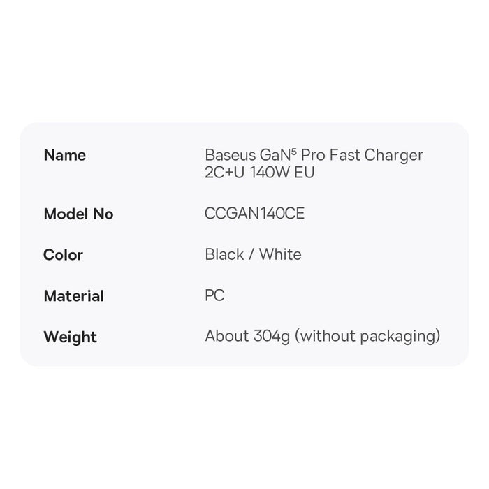 Baseus GaN5 Pro fast charger 2xUSB-C+USB 140W EU white (CCGP100202)