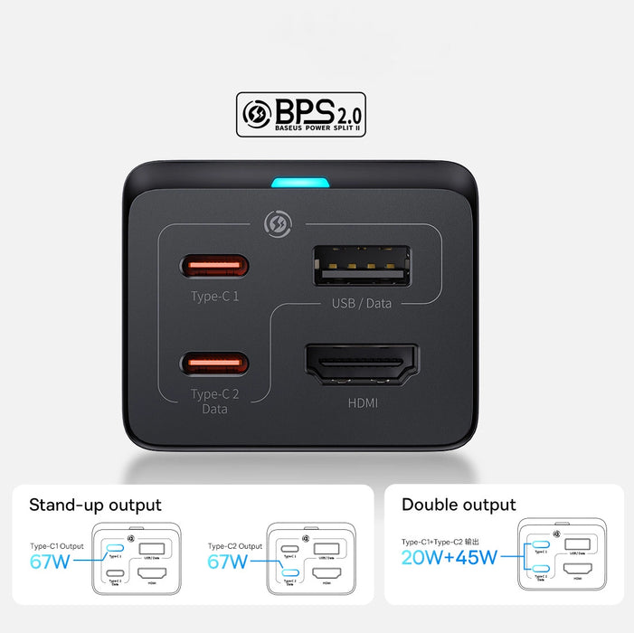 Baseus fast charger GaN5 Pro HUB HDMI 2 x USB-C / USB-A / HDMI 4K 30Hz 1.5m black + USB-C cable - USB-C 100W 40Gb/s (USB4) 1m (CCGP110201)