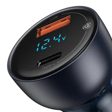 Baseus Particular Digital Display Car Charger , USB + USB-C, QC3.0+PD, 5A, 65W (gray) + Cable USB-C 1m 100W (black)